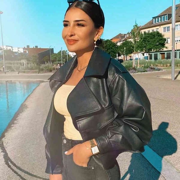 

pu faux leather cropped jackets coats women streetwear biker black short jacket bomber belt winter 210415, Black;brown