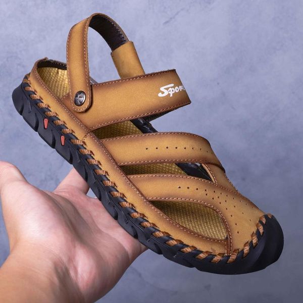 

sandals genuine leather men's classic roman casual comfortable shoes summer outdoor beach men sneakers, Black