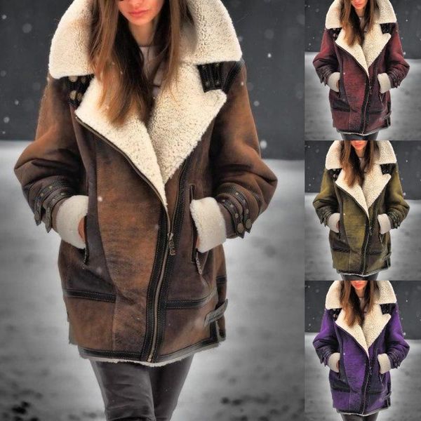 

women's leather & faux retro lapel fur one loose long-sleeved jacket zipper mid-length women, Black