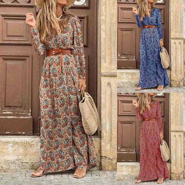 

s-3xl plus size boho dress women v neck long sleeve print belt high split party maxi dress red dark blue brown floral, Black;gray
