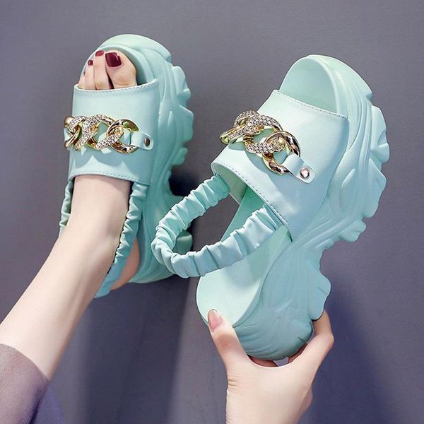 

sandals vogue summer gold chain platform women peep toe slip on wedges shoes woman elastic strap chunky sandalias de mujer, Black