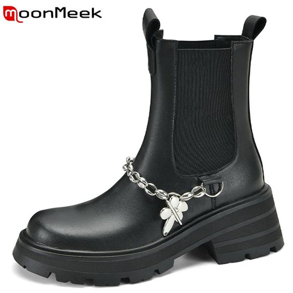 

boots moonmeek 2022 ankle elastic band metal decoration women winter fashion ladies genuine leather shoes, Black