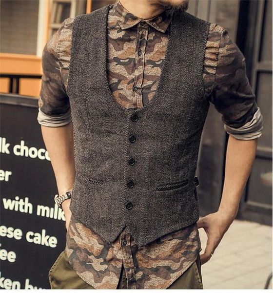 

men's vests brown wool tweed waistcoat vest slim fit leisure u -neck herringbone pattern beckham business wedding groom 7ivk, Black;white