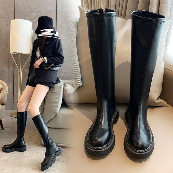 

boots snow high heels ladies knee casual fashion round toe british style women's bota feminina zapatos de mujer, Black