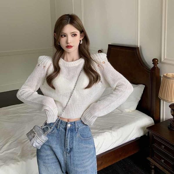

women's sweaters white long-sleeved sweater spring and autumn thin 2021 design sense ripped padded shoulder short trendy ins.kio, White;black