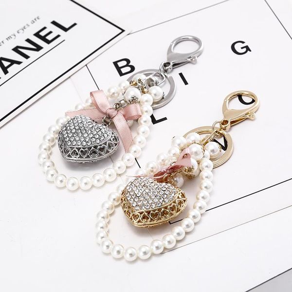 

keychains lovely a pearl chain two-heart key chains pendant fashion gift keychain handbag decorations ring, Silver
