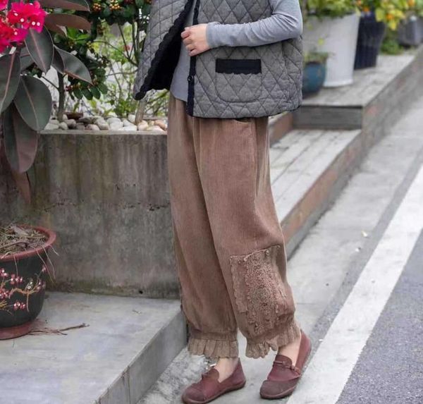 

autumn style retro literary corduroy stitching lace pants elastic waist bloomers women 4084 women's & capris, Black;white