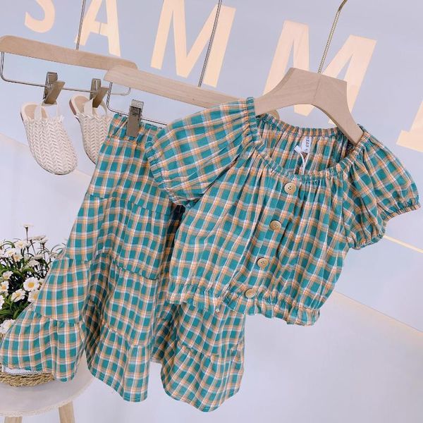 

girls summer suit 2021 plaid short-sleeved two-piece skirt clothing sets, White