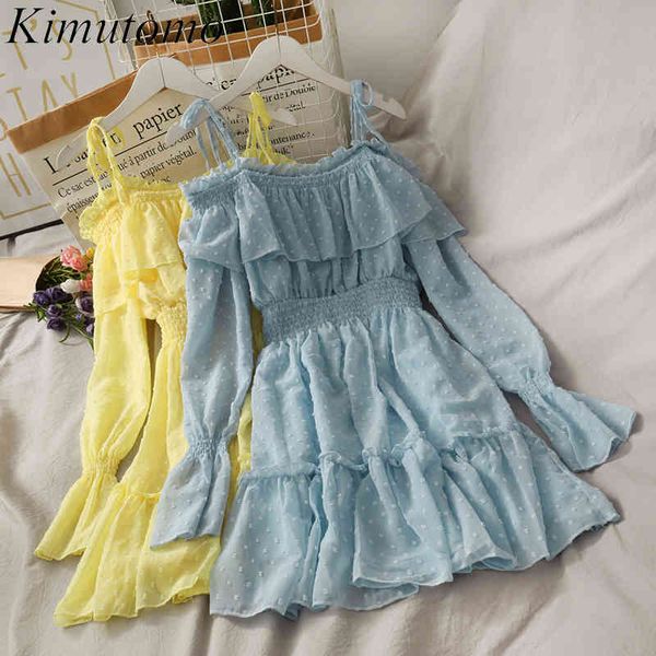 

kimutomo chic chiffon dresses sweet girls spring fashion clothing female slash neck flare sleeve slim vestido feminino 210521, Black;gray