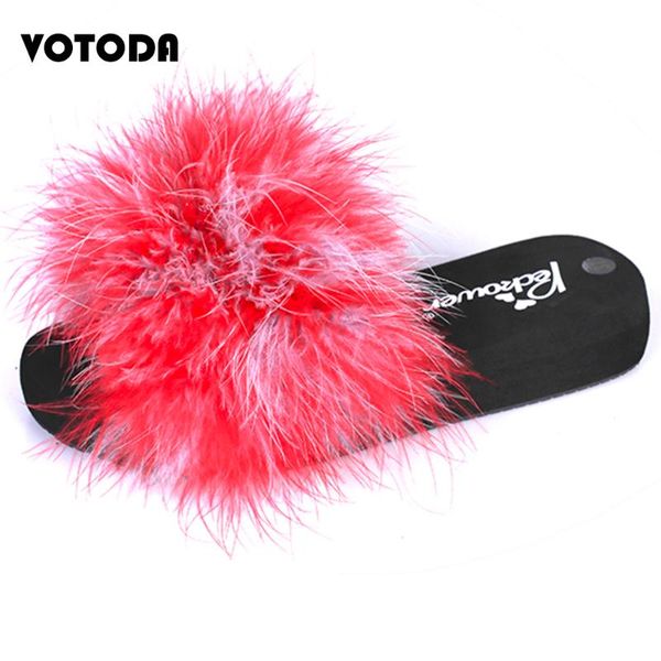 

slippers women ostrich feather fur furry slide fashion sweet home flip flops beach female sandals fluffy plush shoe, Black