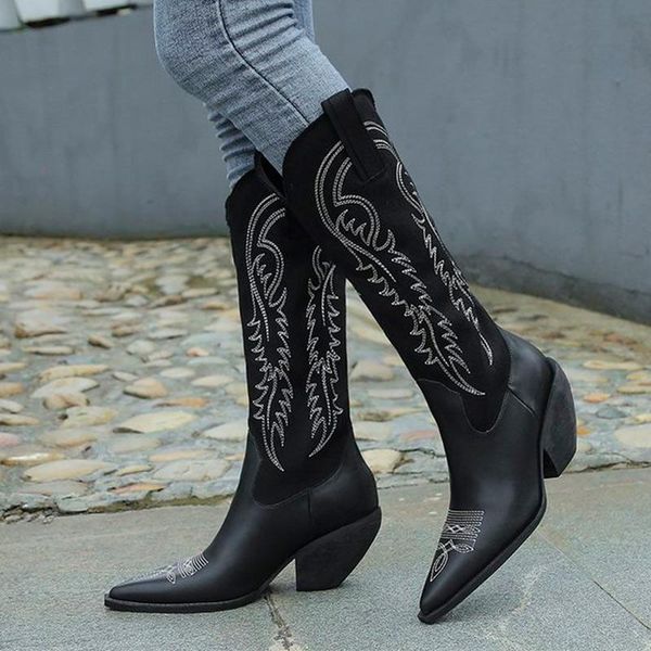 

boots ladies fashion platform wedges embroidery shoes women's pumps autumn winter pointed toe thigh high 2021, Black
