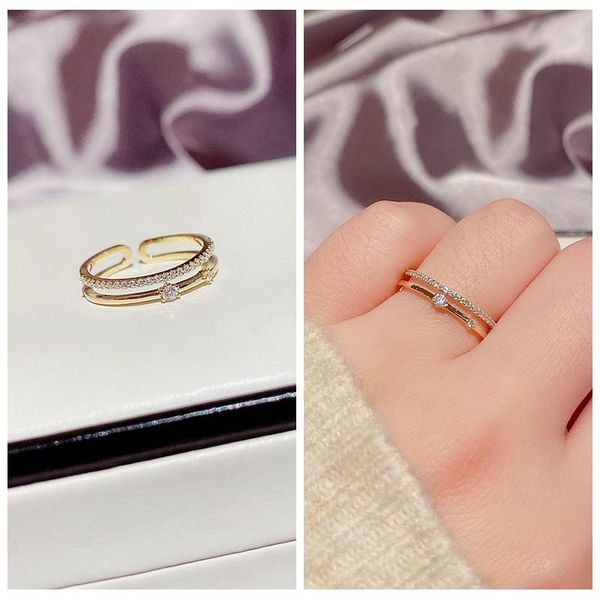 

design double layers opening cubic zirconia ring gold color fashion women jewelry cluster rings, Golden;silver