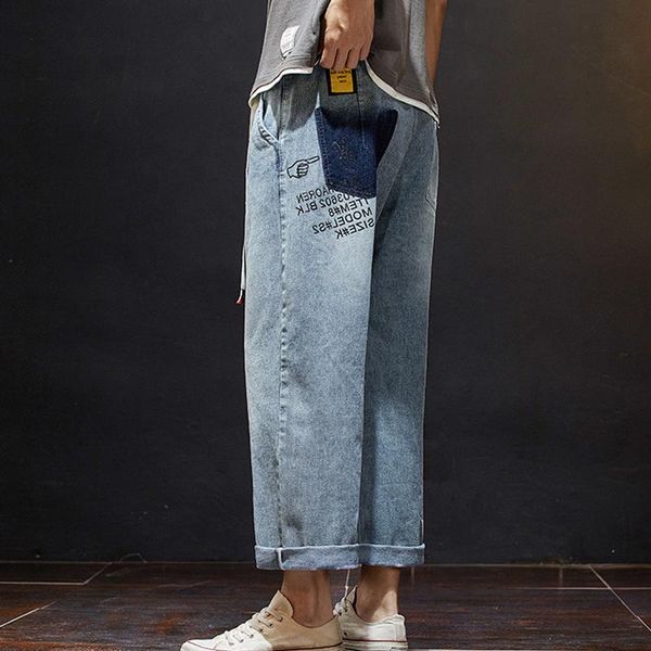 

loose straight cropped pants korean students wild casual hip-hop student thin men jeans men's, Blue