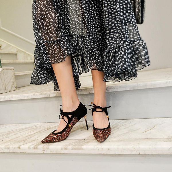

dress shoes 2021 fashion pointed sequins stitching fine high heel elegant lace ladies, Black