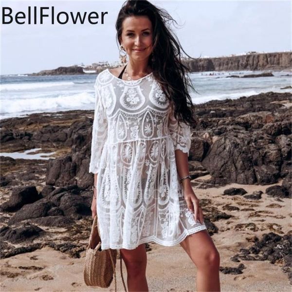 

women's swimwear white summer beach dress cover up lace see through wear short sleeves loose mini dresses solid clothing 2021, White;black