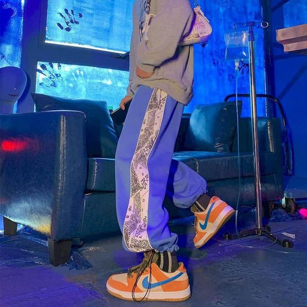 

casual pants men's sports trousers loose autumn korean style trendy drawstring reflective printing wide-leg, Black