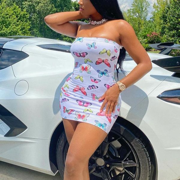 

casual dresses dress women summer korean women's butterfly print strapless sheath mini moda verano 2021 mujeres, Black;gray