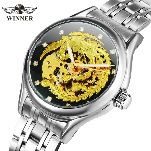 

official women watches crystal 3d skeleton automatic mechanical watch stainless steel strap female clock wristwatches, Slivery;brown