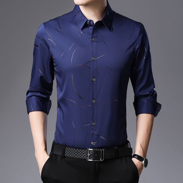 

2021 spring and autumn middle-aged long sleeve fashion casual korean yarn dyed bronzing men's shirt, Black