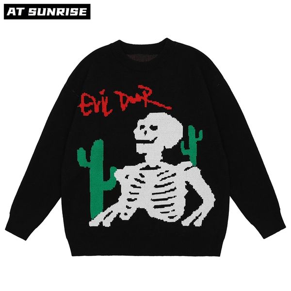 

men hip hop streetwear harajuku casual sweater cartoon skeleton knitted autumn cotton pullover black oversized 210918, White;black