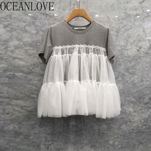 

spring summer women mesh patchwork t shirt fake two pieces korean ins fashon t-shirt short sleeve 14314 210415, White