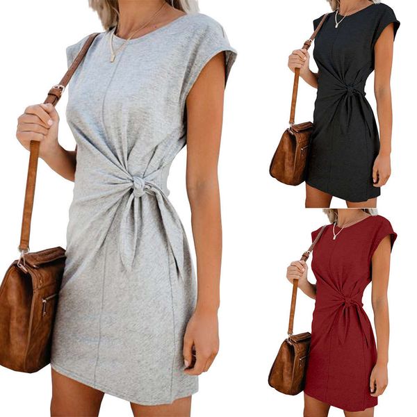 

summer casual women's round neck lace up loose short sleeve dress, Black;gray