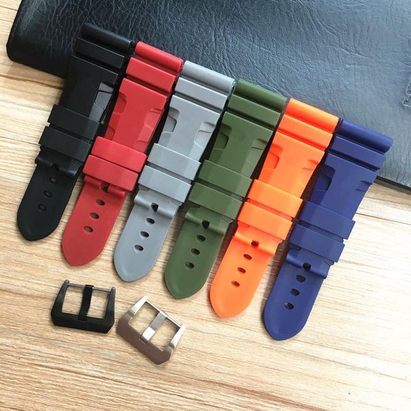 

watch bands merjust 24mm 26mm orange black green red gray silicone rubber watchband for pam 44mm 47mm case strap bracelet wristband, Black;brown