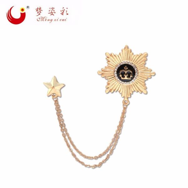 

pins, brooches luxury star crown homme suit lapel pin male party accessories brooch with gold chain metal brosh hombre, Gray