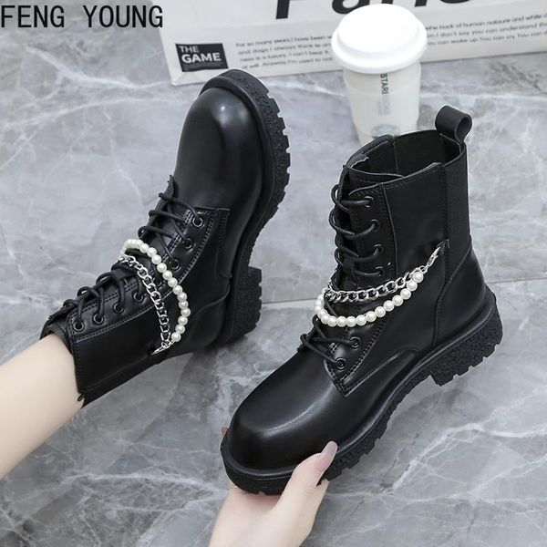 

boots vintage metal chain platform women autumn winter lace up pu leather ankle woman fashion round toe casual shoes, Black