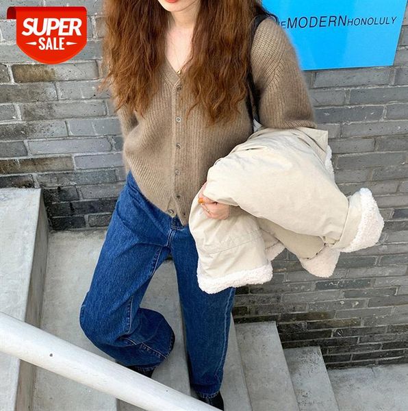 

lazy loose casual knit sweater women v-neck long-sleeved short raccoon wool 12880 #ck6q, Black;gray