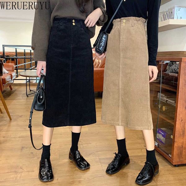 

werueruyu autumn winter arrival elegant retro a-line mid-length high-waist skirt corduroy sheath skirt 210608, Black