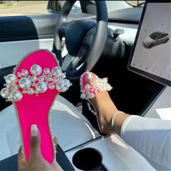 

sandals 2021 pearl slippers women summer fashion bling female candy color beach diamond flat shoes outdoor, Black