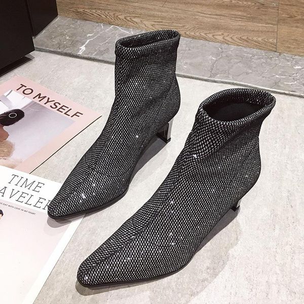 

boots 2021 autumn and winter fashion pointed thick with high heel women short tube temperament women's tide, Black