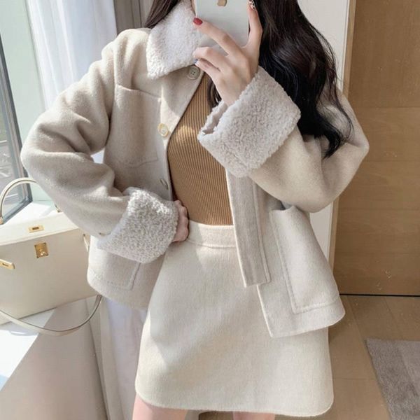 

[longfeng quilted cotton good quality] autumn and winter lamb fur coat two-piece skirt set woolen women's tracksuits, Gray