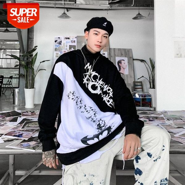 

american street contrast color high-necked sweater, high hip-hop oversize bat print hooded sweater men #eh1q, Black