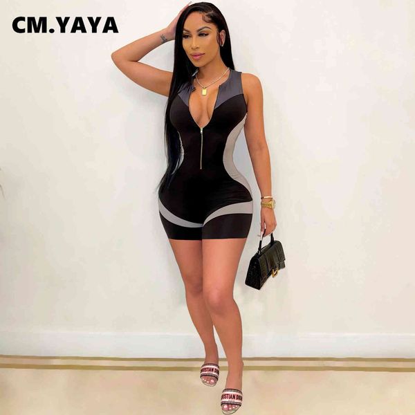 

cm.yaya patchwork playsuit bodycon rompers for women sleeveless short zipper up jumpsuit active moto biker summer outfit, Black;white