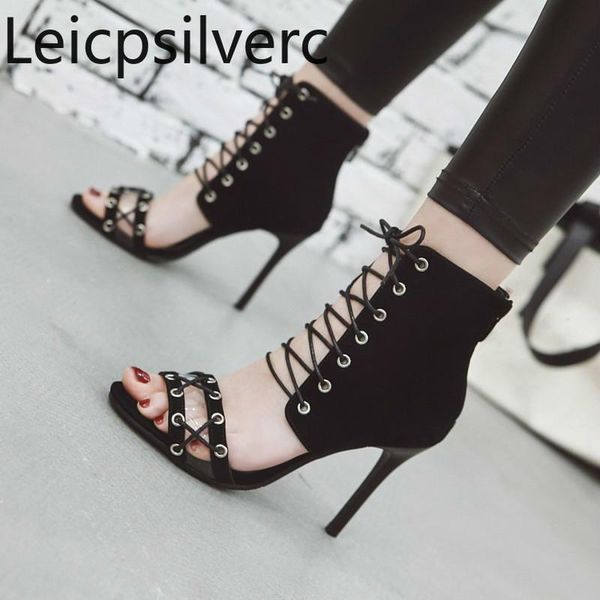 

women's sandals summer style fashion flock fish mouth open toe lace-up fine heel high shoe plus size 32-46, Black