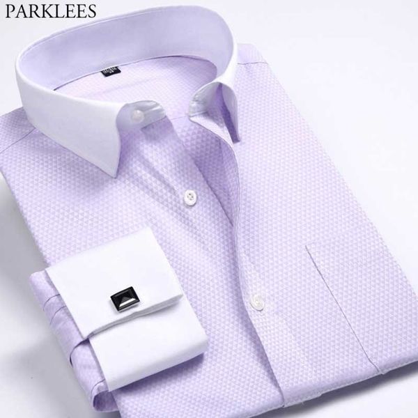 Camicia da smoking con polsino francese viola chiaro da uomo slim fit a maniche lunghe da uomo camicie da cerimonia formale da smoking da lavoro chemise 210522