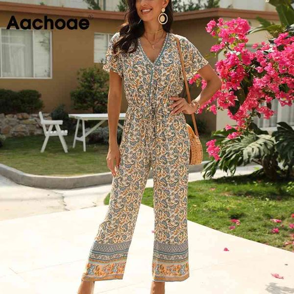 

floral print v neck jumpsuit women summer short sleeve bow tie elastic waist jumpsuits ladies wide leg overalls 210413, Black;white