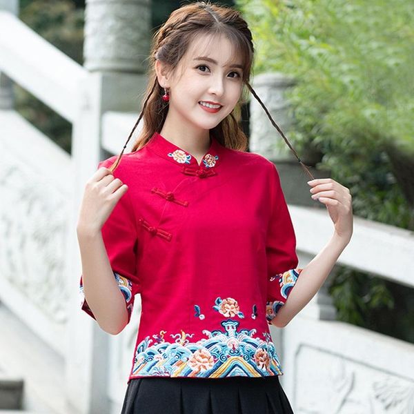 

traditional chinese clothing women cheongsam embroidery mandarin collar vintage shirt blouse ladies ethnic, Red