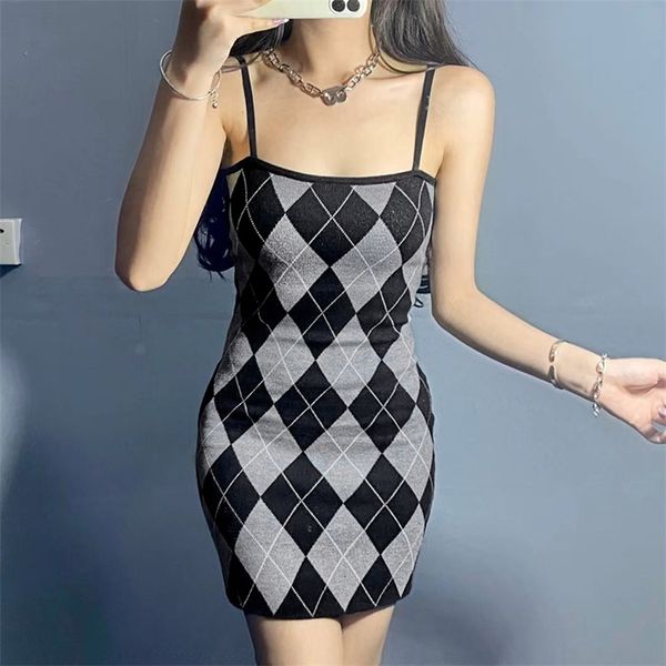 

argyle printed knit short summer strap dress women vintage plaid y2k party dresses sleeveless bodycon casual sundresses 210510, Black;gray