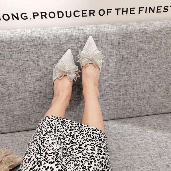 

slippers pointed toe lace bowknot women mules fashion party wedding shoes bride white elegant rhinestone flat women's 2021, Black