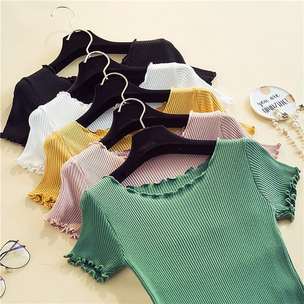 

women's sweaters ice silk knitted basic 2021 korean slim solid sweater women short sleeve elastic o-neck pullover, White;black
