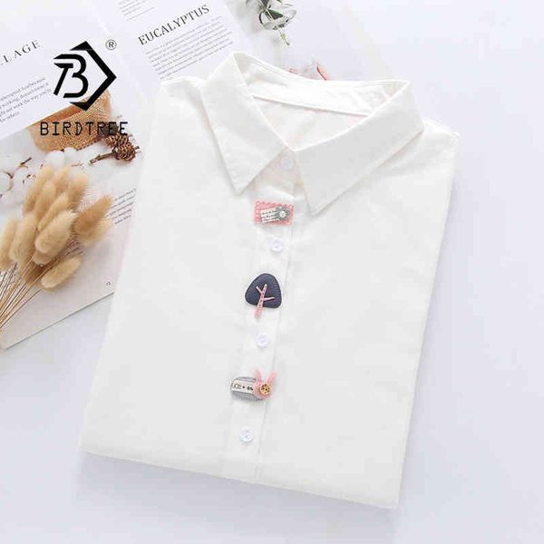 

spring new women casual appliques cotton white shirt long sleeve short blouse autumn solid cute sweet girl t0d710f 210430