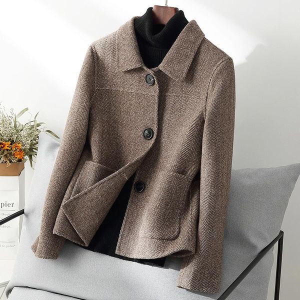 

women's wool & blends 2021 herringbone coat women korean short woolen black cashmere autumn winter womens clothing 3xl