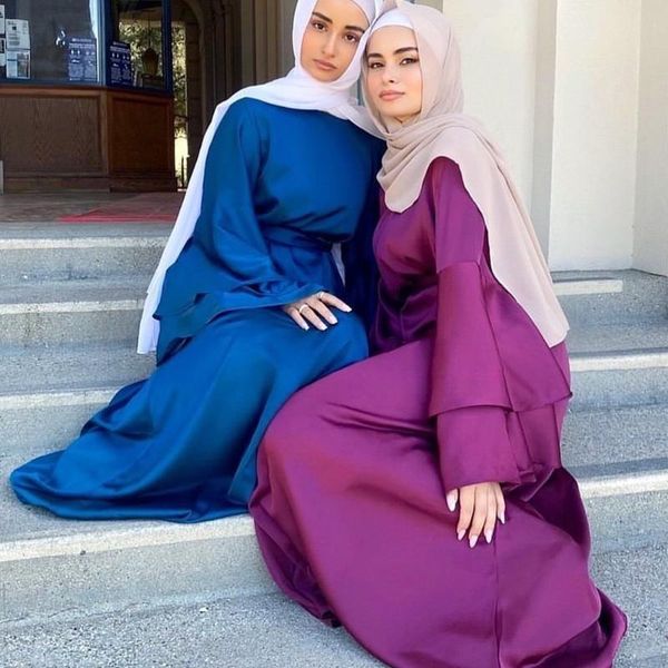 

ethnic clothing ramadan eid 2021 women summer abaya dress maxi loose satin long layered flare sleeve a line muslim dubai arab plain gown par, Red