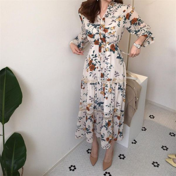 

casual dresses vintage floral dress women ribbon collar  long chiffon female elegant lace splice sleeve chic rm50172, Black;gray