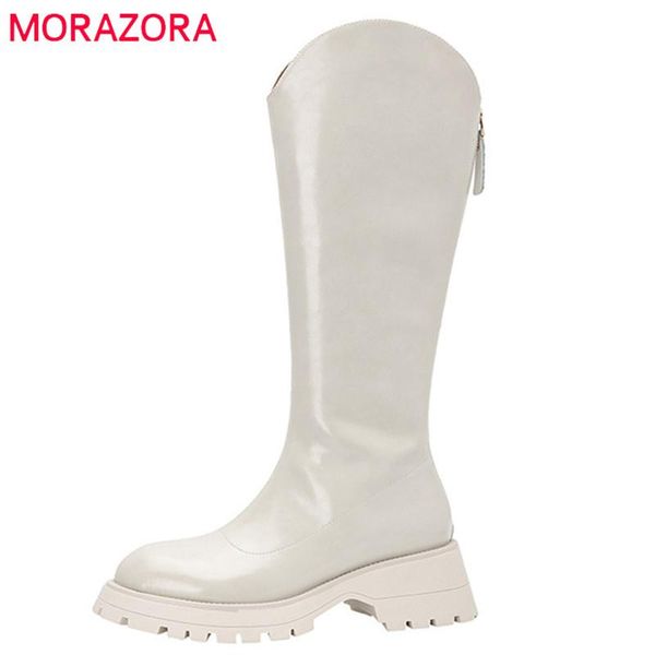 

boots morazora est genuine leather women riding round toe zip autumn square heel casual shoes knee high, Black