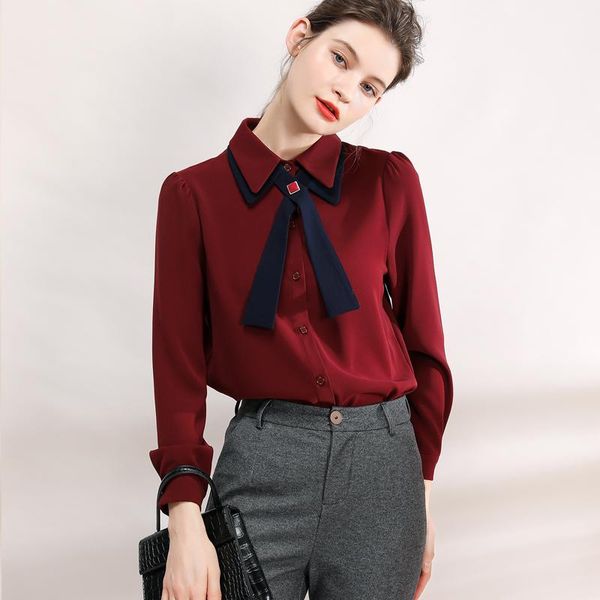

women's knits & tees shirt design non-mainstream double-layer collar bow long sleeve bottoming contrast color business ol, White