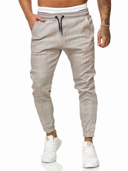 

men houndstooth print drawstring waist pants k6sx#, Black